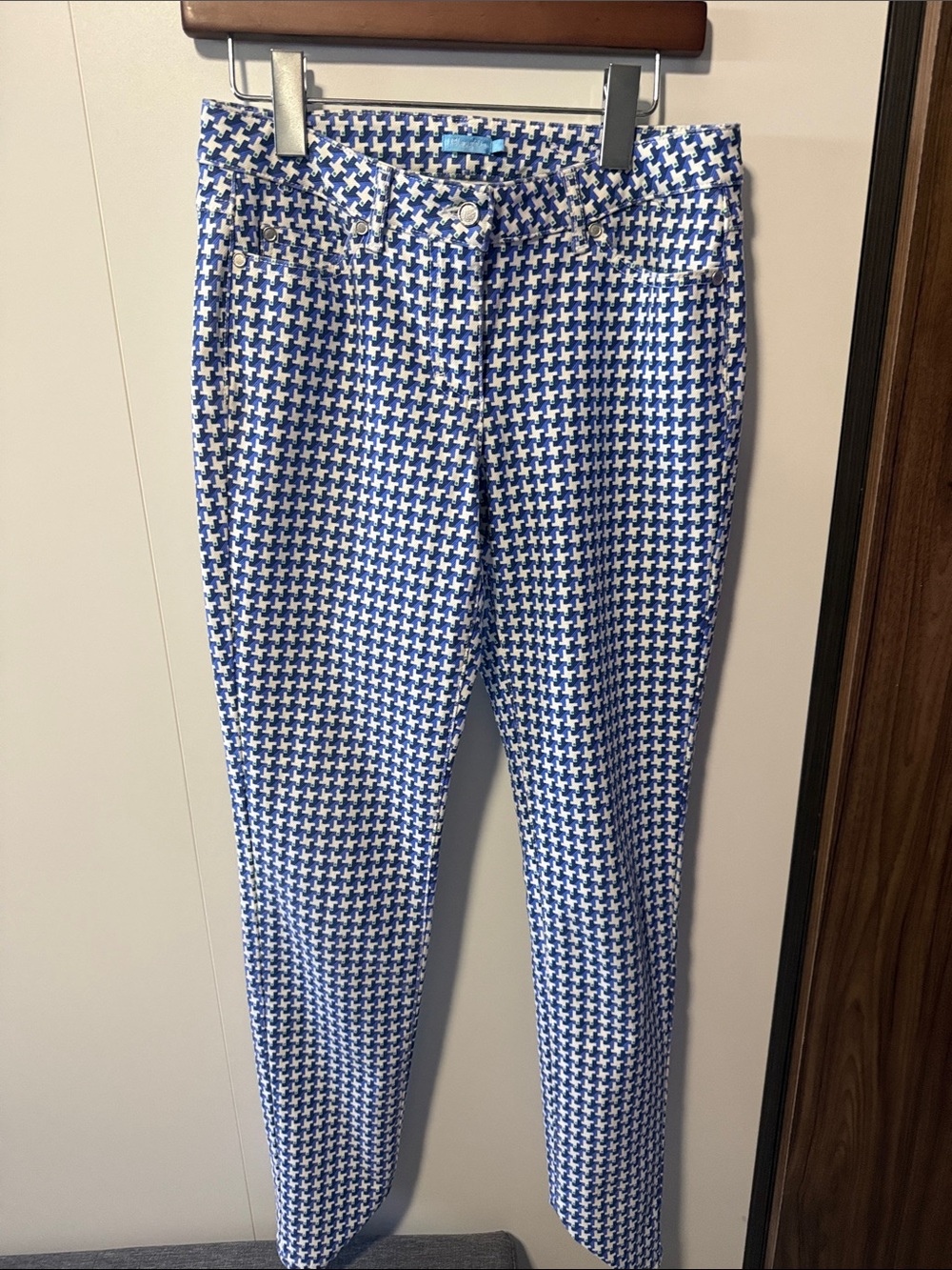 Blue and White Houndstooth Slim Pants